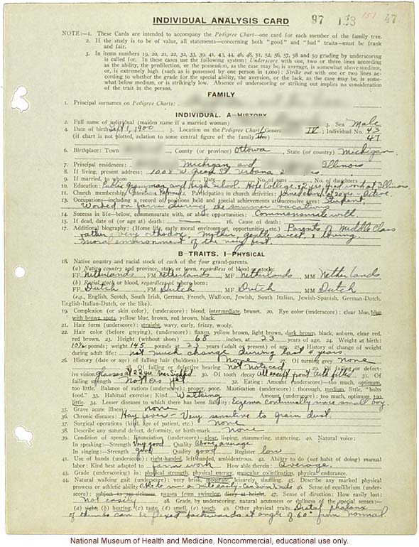&quote;Individual Analysis Card,&quote; Eugenics Record Office
