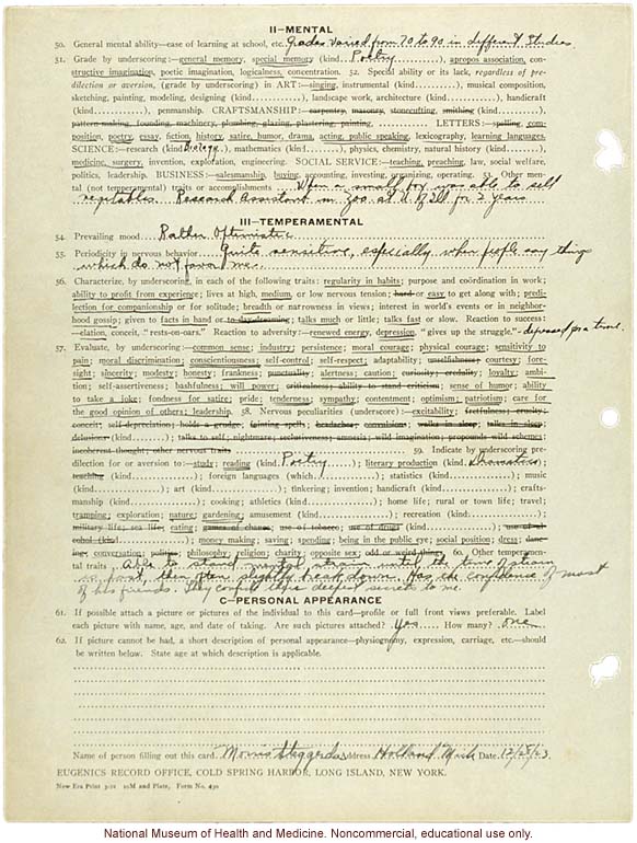 &quote;Individual Analysis Card,&quote; Eugenics Record Office
