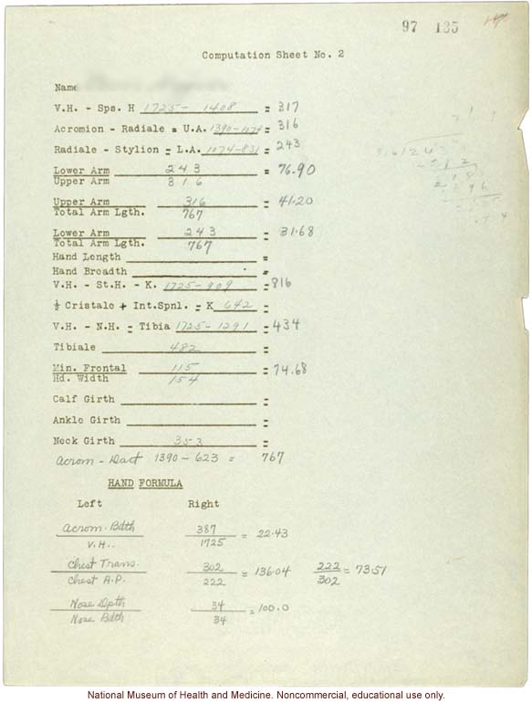 Anthropometric &quote;Computation Sheet&quote; used by Morris Steggerda