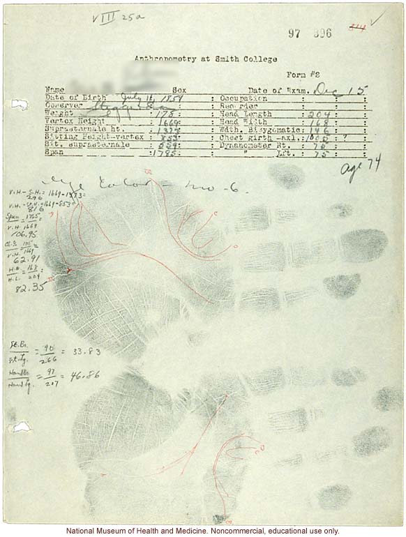 &quote;Anthropometry at Smith College,&quote; form with measurements, handprints, and hand/foot tracings (&quote;Observer Steggerda&quote;)