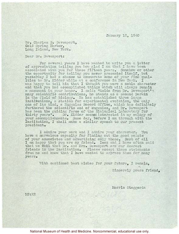 Morris Steggerda letter to Charles Davenport, thanking him for years of collaboration and friendship and calling him &quote;a second Darwin&quote; (1/10/1940)