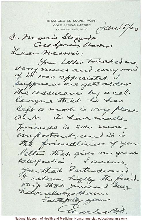 Charles Davenport letter to Morris Steggerda, acknowledging their collaboration and friendship over the years (1/15/1940)