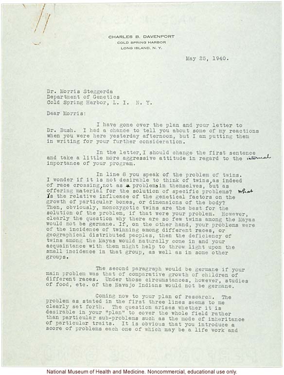 C. Davenport letter to M. Steggerda, &quote;human genetics&quote; replaces eugenics and &quote;race crossing&quote; is discouraged in a review of a research plan (5/25/1940)