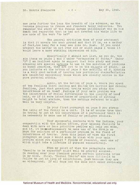 C. Davenport letter to M. Steggerda, &quote;human genetics&quote; replaces eugenics and &quote;race crossing&quote; is discouraged in a review of a research plan (5/25/1940)