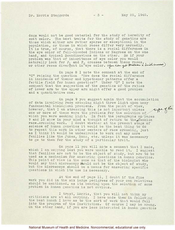 C. Davenport letter to M. Steggerda, &quote;human genetics&quote; replaces eugenics and &quote;race crossing&quote; is discouraged in a review of a research plan (5/25/1940)