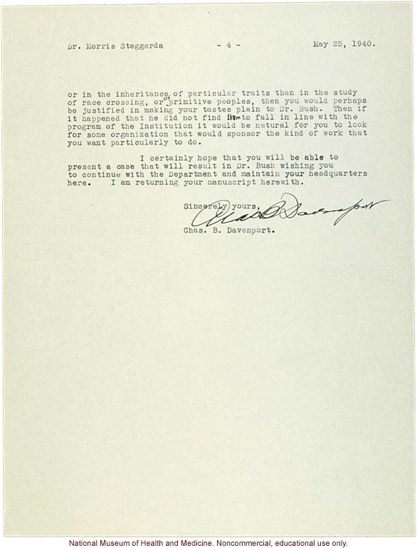 C. Davenport letter to M. Steggerda, &quote;human genetics&quote; replaces eugenics and &quote;race crossing&quote; is discouraged in a review of a research plan (5/25/1940)