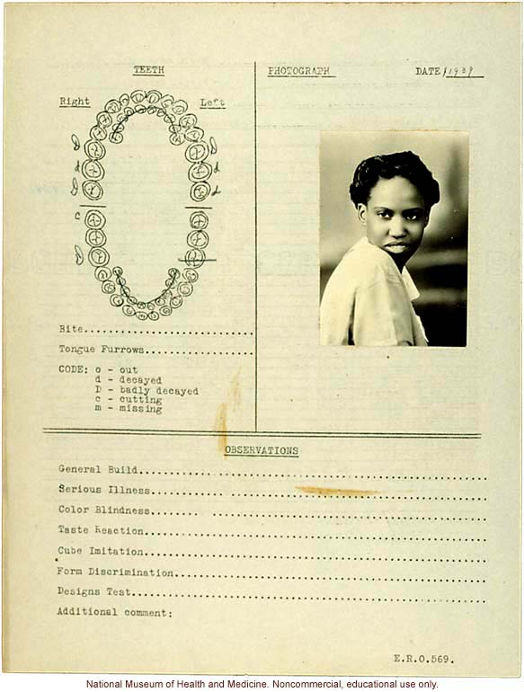 Female anthropometric case, from &quote;100 College Girls,&quote; Tuskegee Institute, Alabama (measurements, dental chart, and photograph)