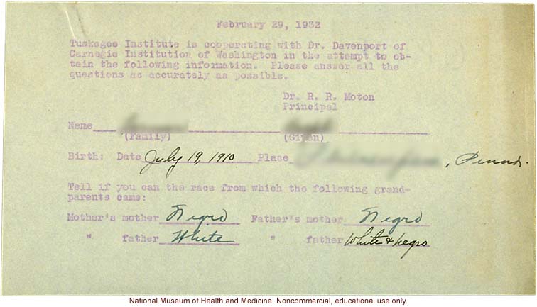 Adult male anthropometric cases, collected by Charles Davenport at Tuskegee Institute, Alabama (measurements and lineage forms)
