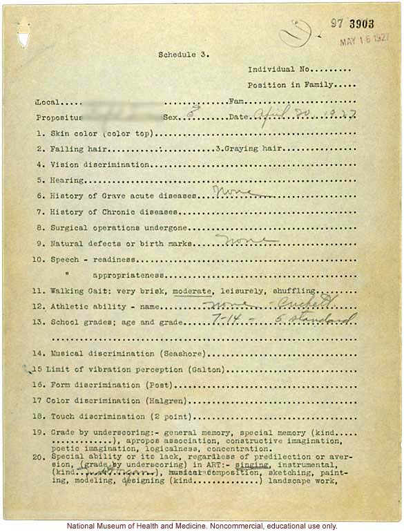 Seaford Town male anthropometric case: photo, measurements, finger prints, Schedule 3, notes; by Morris Steggerda for <i>Race Crossing in Jamaica</i>