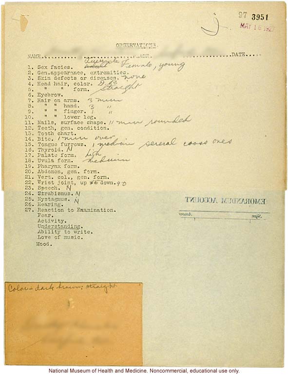 Seaford Town female anthropometric case: photos, measurements, finger prints, Schedule 3; by Morris Steggerda for <i>Race Crossing in Jamaica</i>