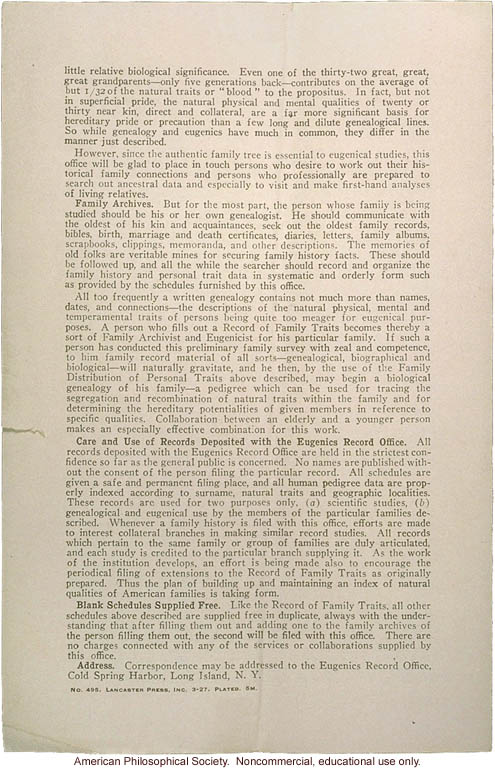 &quote;Eugenics seeks to improve the natural, physical, mental and tempermental qualities of the human family,&quote; Eugenics Record Office