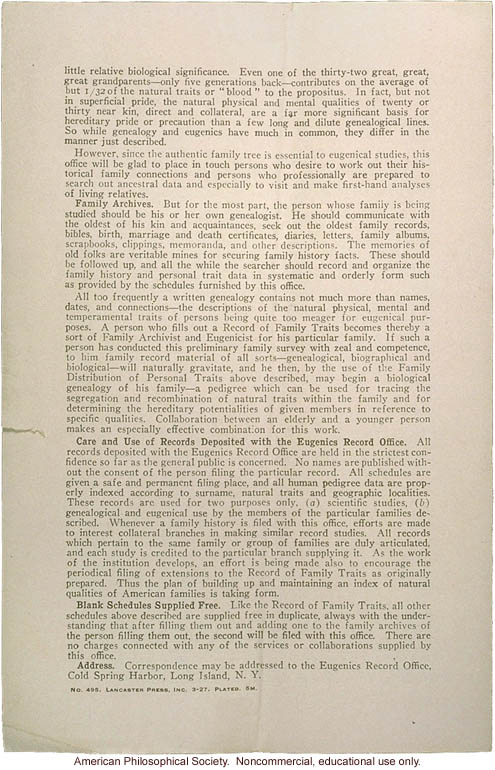 &quote;Eugenics seeks to improve the natural, physical, mental and tempermental qualities of the human family,&quote; Eugenics Record Office