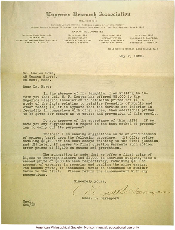 Charles Davenport letter to Lucien Howe, about prizes for eugenic studies of Nordic races