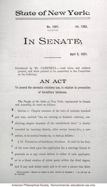 &quote;An act to amend the domestic relations law, in relation to prevention of hereditary blindness&quote;, New York State Senate