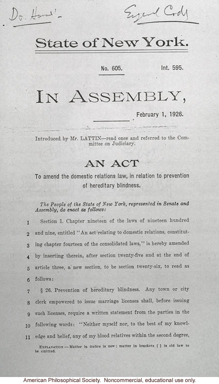 &quote;An act to amend the domestic relations law, in relation to prevention of hereditary blindness&quote;, New York State Senate