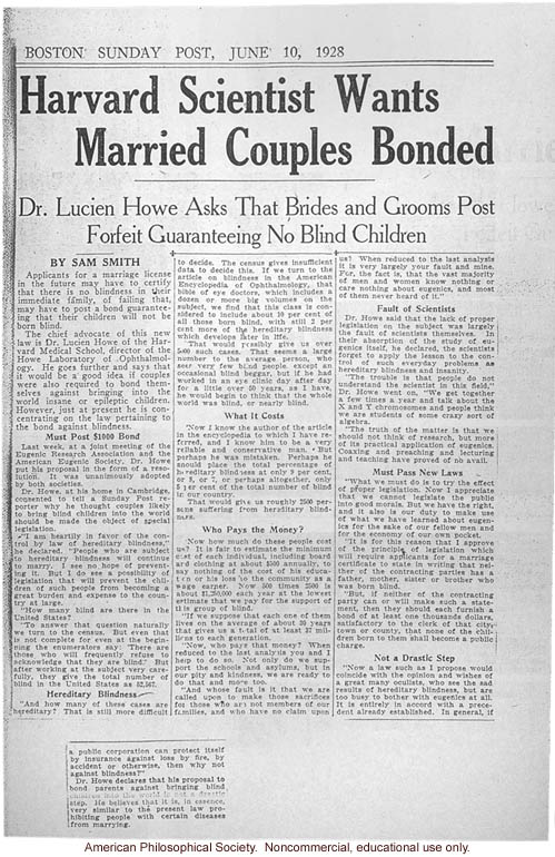 &quote;Harvard scientist wants married couples bonded,&quote; by Sam Smith, Boston Sunday Post