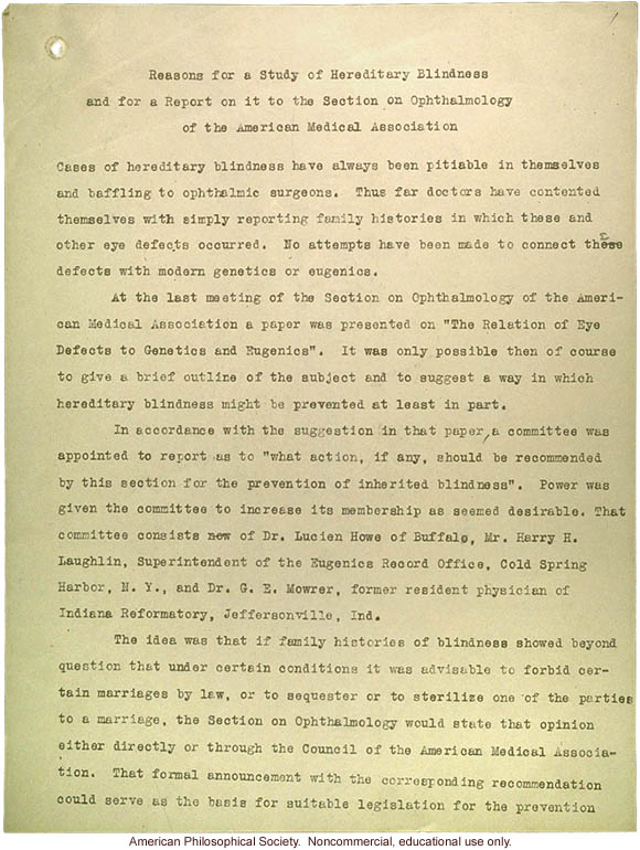 &quote;Reasons for a study of hereditary blindness,&quote; report to American Medical Association