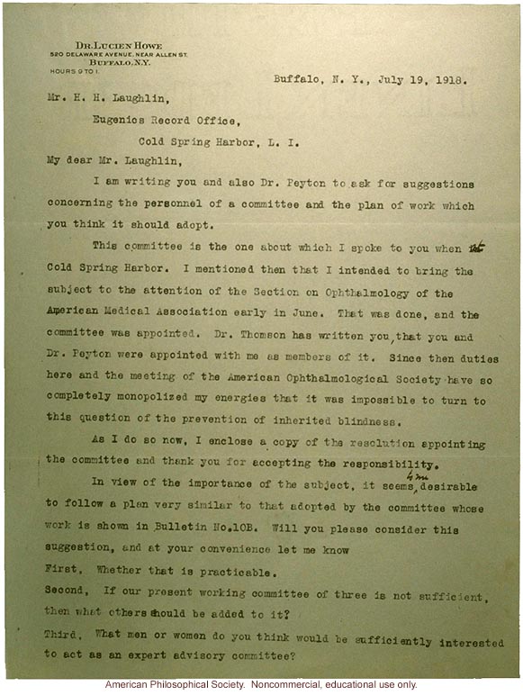 Lucien Howe letter to Harry Laughlin, about AMA study on hereditary blindness