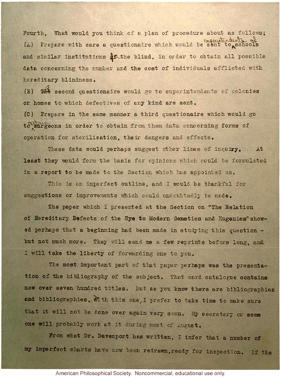 Lucien Howe letter to Harry Laughlin, about AMA study on hereditary blindness