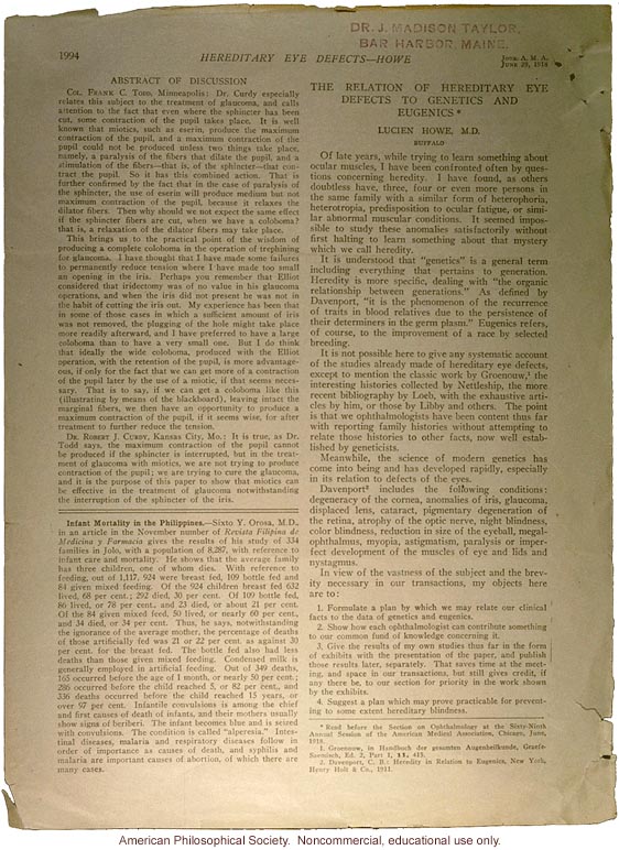 &quote;The relation of hereditary eye defects to genetics and eugenics,&quote; by Lucien Howe, JAMA