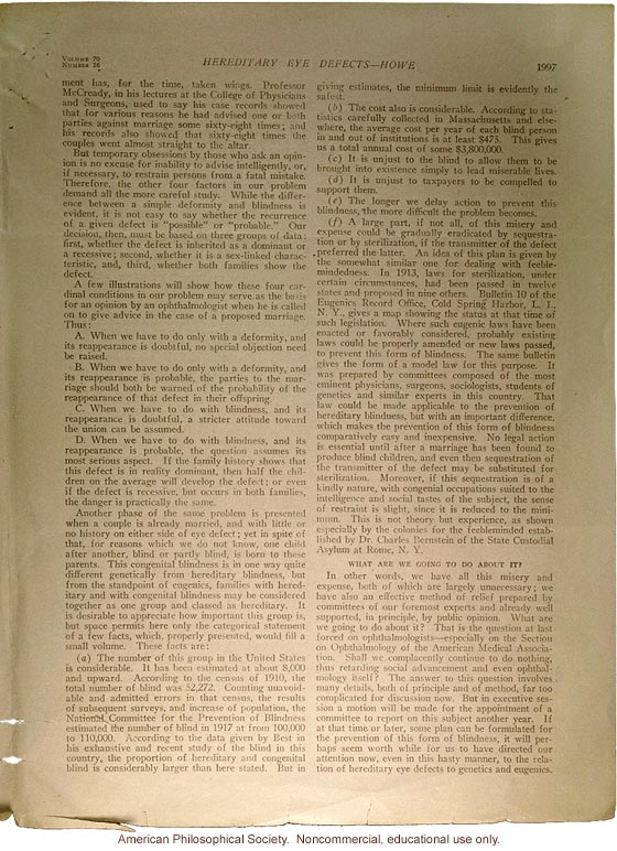 &quote;The relation of hereditary eye defects to genetics and eugenics,&quote; by Lucien Howe, JAMA