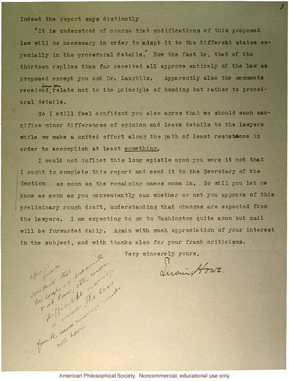 Lucien Howe response to Charles Davenport and Harry Laughlin, about sterilization, marriage and blindness