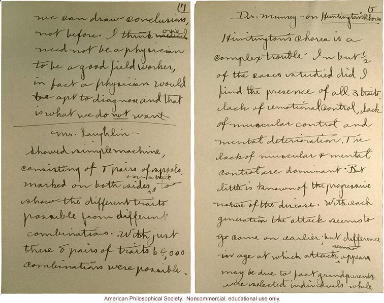 Eugenics field workers meeting notes about hereditary behavior