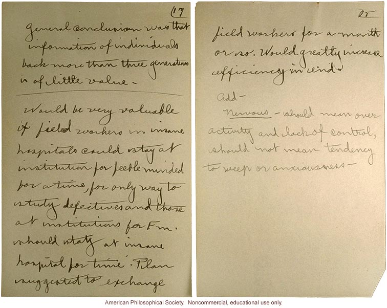 Eugenics field workers meeting notes about hereditary behavior