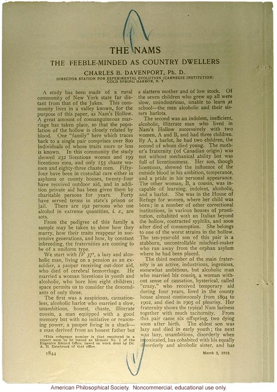 &quote;The Nams: feeble-minded as country dwellers,&quote; by Charles Davenport