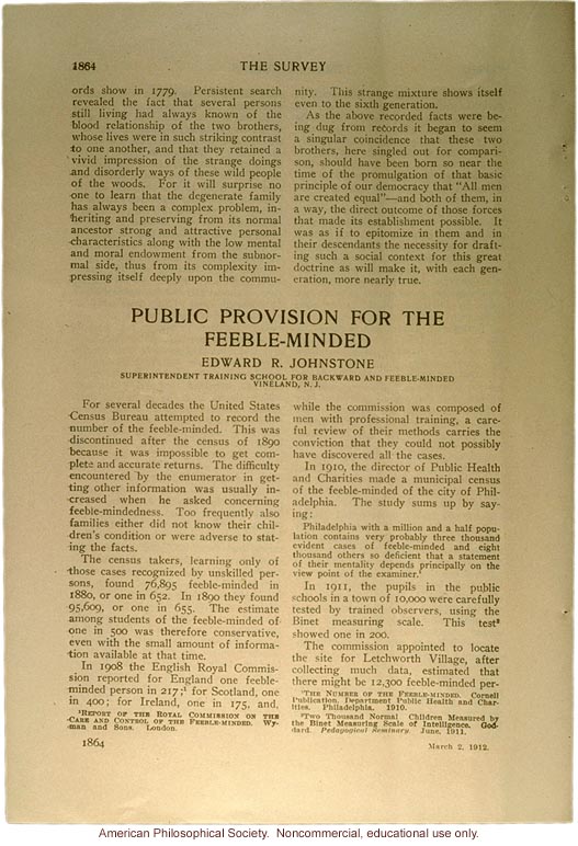 &quote;Public provision for the feeble-minded,&quote; by Edward Johnstone