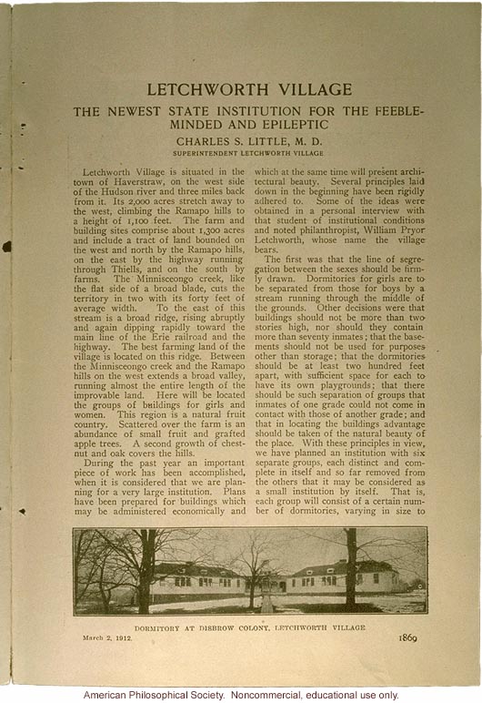 &quote;Letchworth Village: the newest state institution for the feeble-minded and epileptic,&quote; by Charles Little