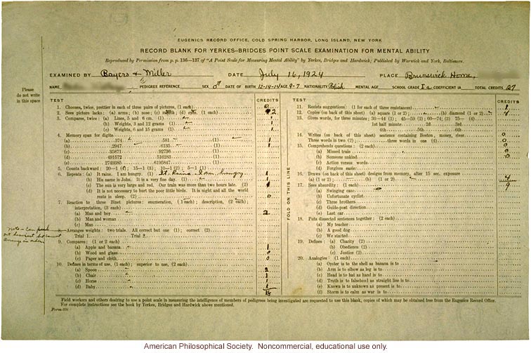 &quote;Supplementary report on mentality of feebleminded children,&quote; case study by E. Bayers and F.H. Miller.