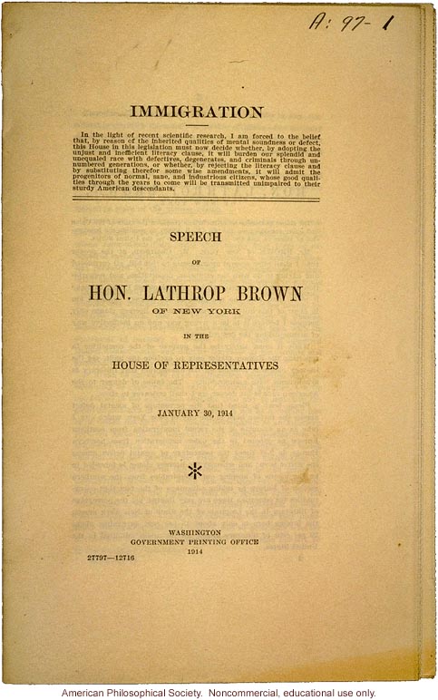 Lathrop Brown speech to House of Representatives about immigration