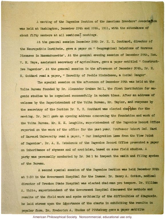 Minutes of the Eugenics Section, 8th annual meeting of the American Breeders Association, with resolution to organize immigration committeee