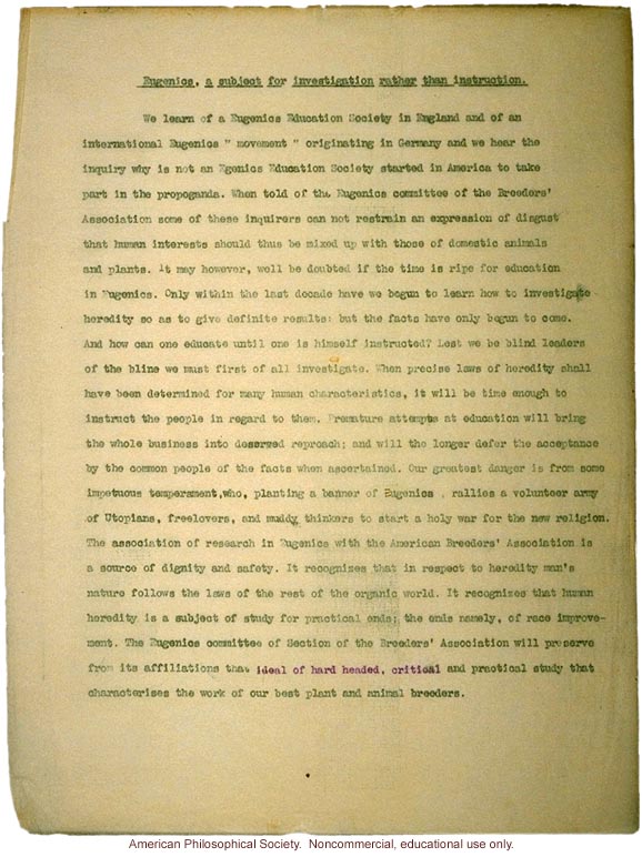 &quote;Eugenics, a subject for investigation rather than instruction,&quote;  American Breeders Association Eugenics Section