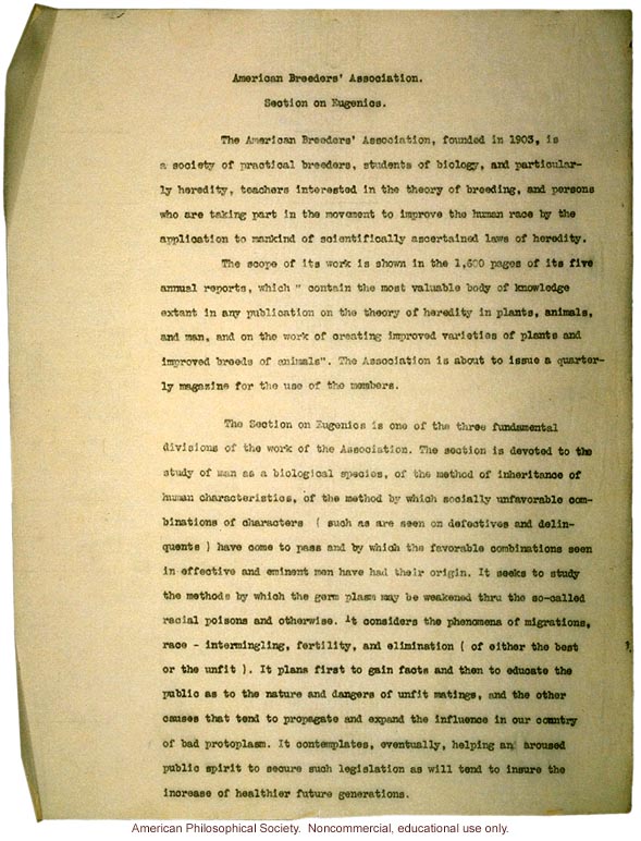 &quote;Eugenics, a subject for investigation rather than instruction,&quote;  American Breeders Association Eugenics Section