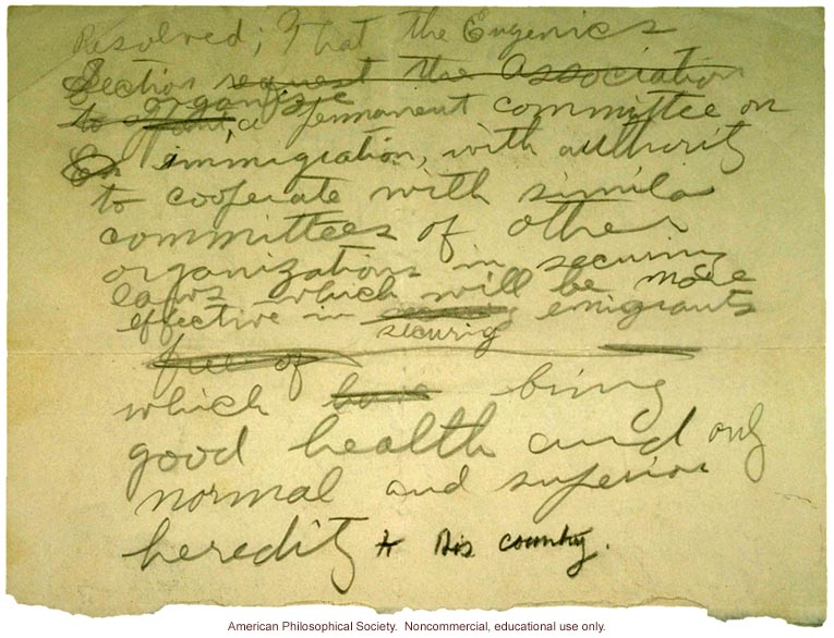 American Breeders Association 8th Annual Meeting resolution to form permanent committee on immigration (with hand-written draft)