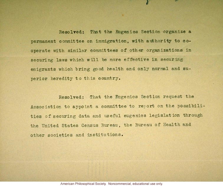 American Breeders Association 8th Annual Meeting resolution to form permanent committee on immigration (with hand-written draft)