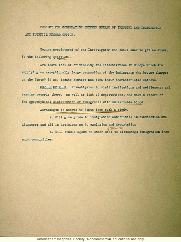 "e;Project for cooperation between Bureau of Industry and Immigration and Eugenics Record Office"e;