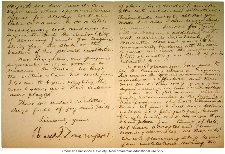 Charles Davenport letter to Mrs. E.H. Harriman about Eugenics Record Office (7/10/1910)