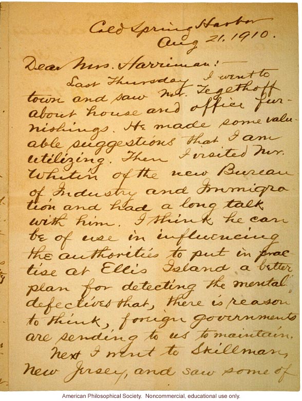 Charles Davenport letter to Mrs. E. H. Harriman about immigration