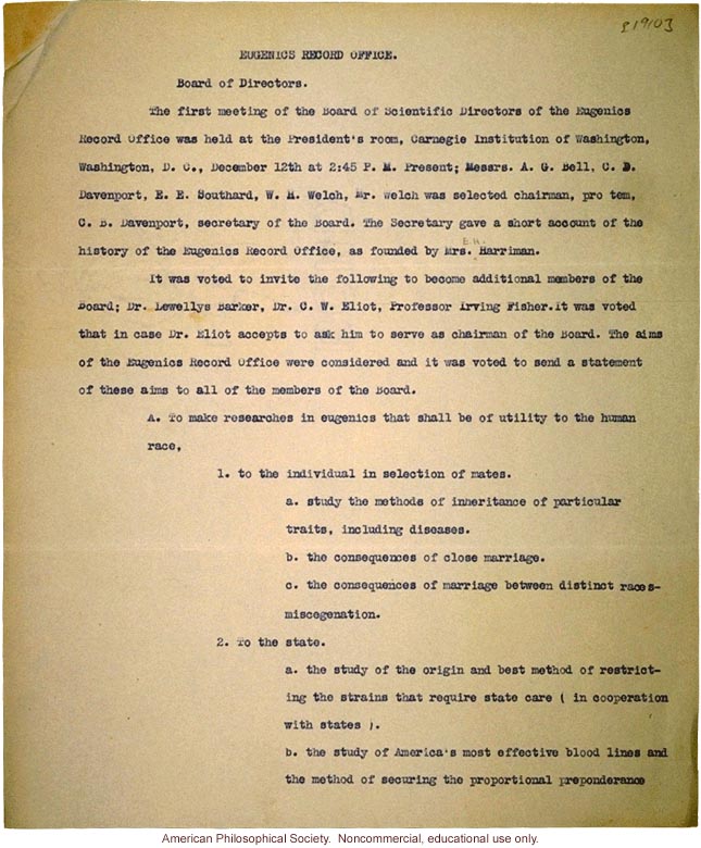 Minutes of the first meeting of directors of Eugenics Record Office