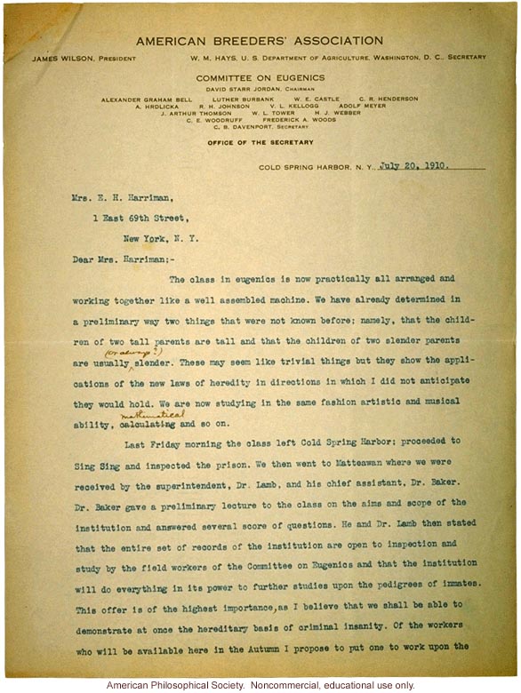 Charles Davenport letter to Mrs. E.H. Harriman about recruitment of first class