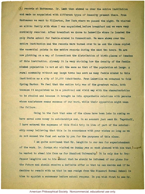 Charles Davenport letter to Mrs. E.H. Harriman about recruitment of first class