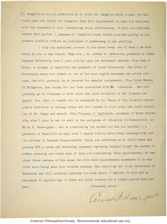 Charles Davenport letter to Mrs. E.H. Harriman about recruitment of first class