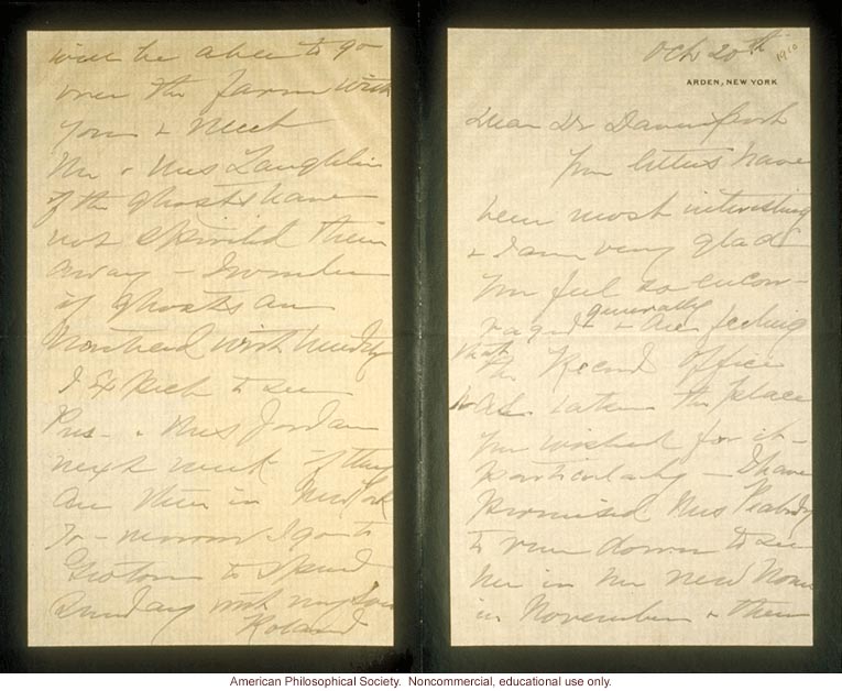 Mrs. E.H. Harriman letter to Charles Davenport about Eugenics Record Office (10/20/1910)