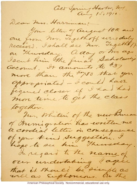 Charles Davenport letter to Mrs. E.H. Harriman about Eugenics Record Office name
