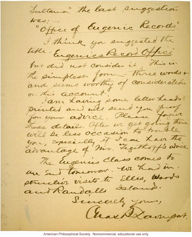 Charles Davenport letter to Mrs. E.H. Harriman about Eugenics Record Office name