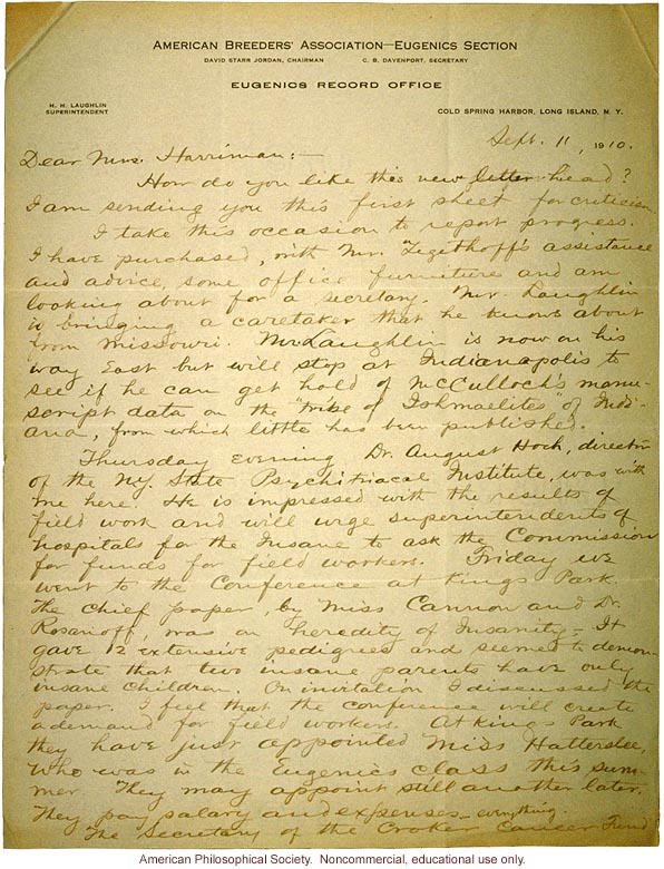 Charles Davenport letter to Mrs. E.H. Harriman about Eugenics Record Office (9/11/1910)