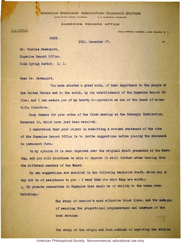 Alexander Graham Bell letter to Charles Davenport about Eugenics Record Office